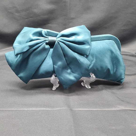 NWOT Kate Landry Turquoise  Satin Clutch Purse with Bow and strap - Picture 1 of 9